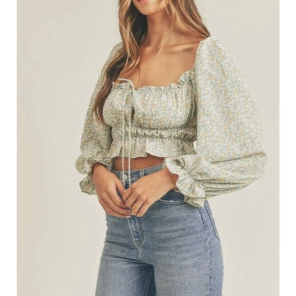 Mable Tops - Mable Anthropologie Women FLORAL PUFF SLEEVE Crop Top Medium Size Stretch Green
